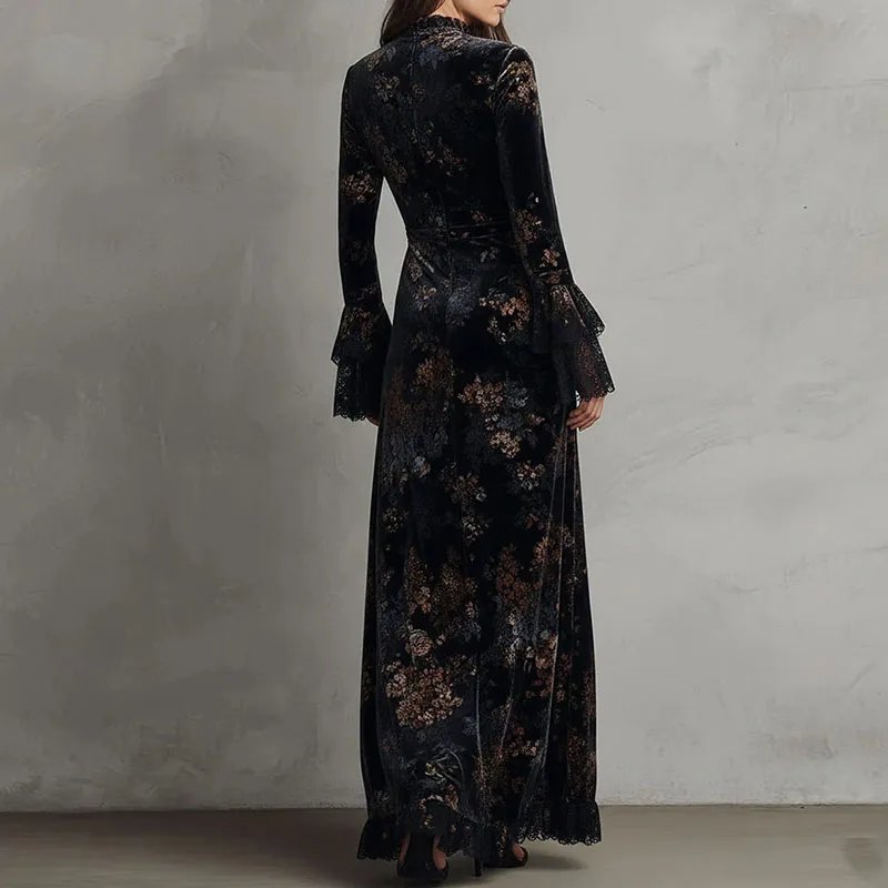 Victoria's Vogue Retro New Floral Print Velvet Long Dresses Woman Sexy O Neck High Waist Evening Dress Autumn Long Sleeve Spliced Lace Maxi Dress