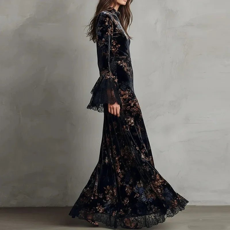 Victoria's Vogue Retro New Floral Print Velvet Long Dresses Woman Sexy O Neck High Waist Evening Dress Autumn Long Sleeve Spliced Lace Maxi Dress