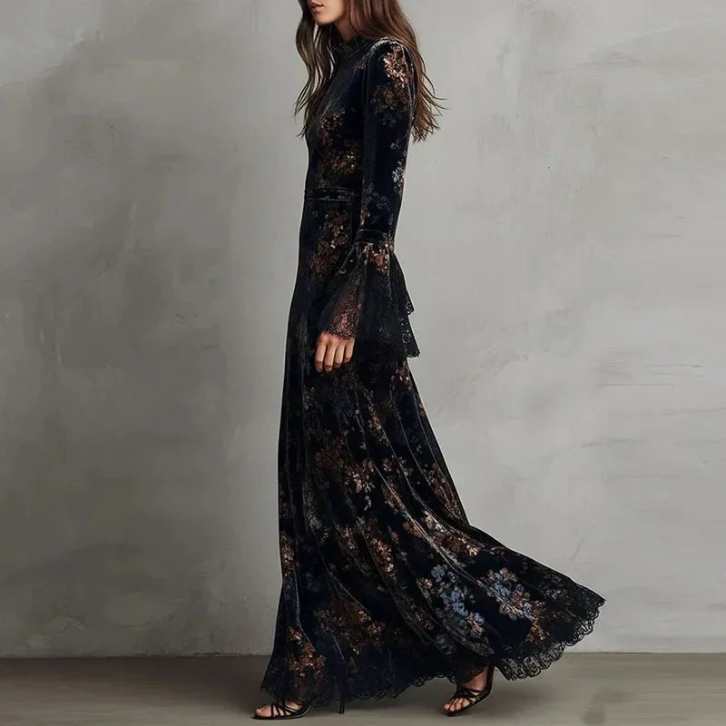 Victoria's Vogue Retro New Floral Print Velvet Long Dresses Woman Sexy O Neck High Waist Evening Dress Autumn Long Sleeve Spliced Lace Maxi Dress