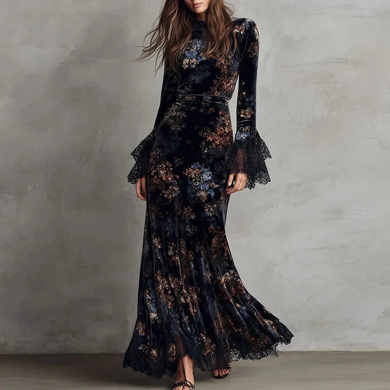 Victoria's Vogue Retro New Floral Print Velvet Long Dresses Woman Sexy O Neck High Waist Evening Dress Autumn Long Sleeve Spliced Lace Maxi Dress