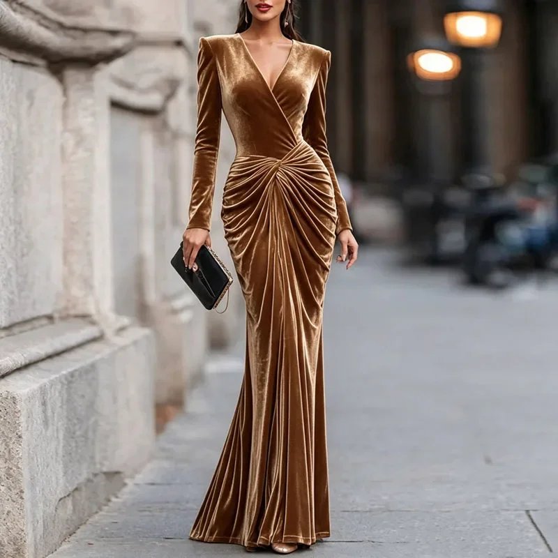 Victoria' s vogue Women V Neck Velvet Mermaid Maxi Gown Long Sleeve Twisted Ruched Waist Bodycon Dress Elegant Evening Wedding Guest Party Dresses