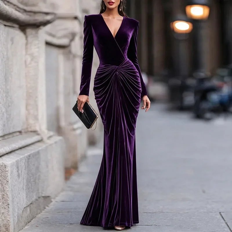 Victoria' s vogue Women V Neck Velvet Mermaid Maxi Gown Long Sleeve Twisted Ruched Waist Bodycon Dress Elegant Evening Wedding Guest Party Dresses