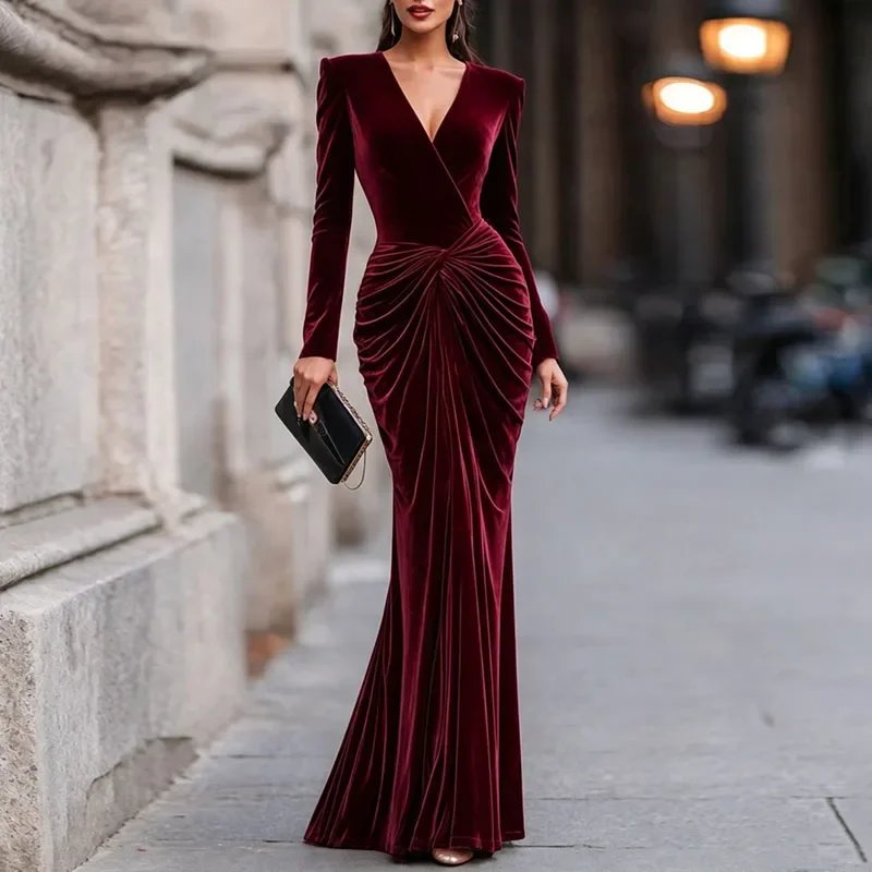 Victoria' s vogue Women V Neck Velvet Mermaid Maxi Gown Long Sleeve Twisted Ruched Waist Bodycon Dress Elegant Evening Wedding Guest Party Dresses