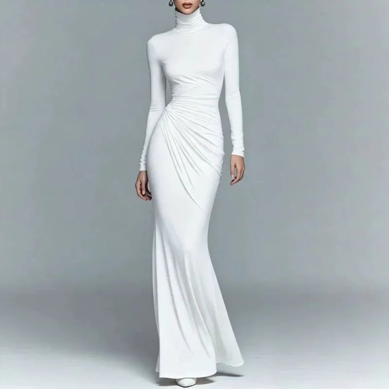 Victoria's Vogue Turtleneck Solid Bodycon Maxi Dress Women Long Sleeve Pleated Fit Floor Length Gown Autumn Elegant Wedding Evening Party Dresses