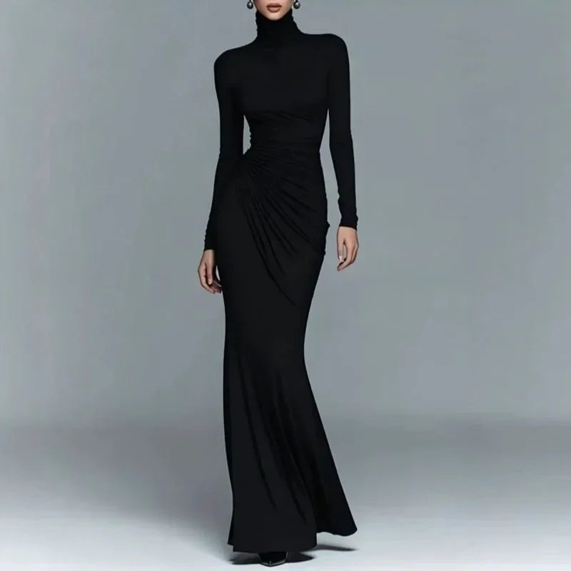 Victoria's Vogue Turtleneck Solid Bodycon Maxi Dress Women Long Sleeve Pleated Fit Floor Length Gown Autumn Elegant Wedding Evening Party Dresses