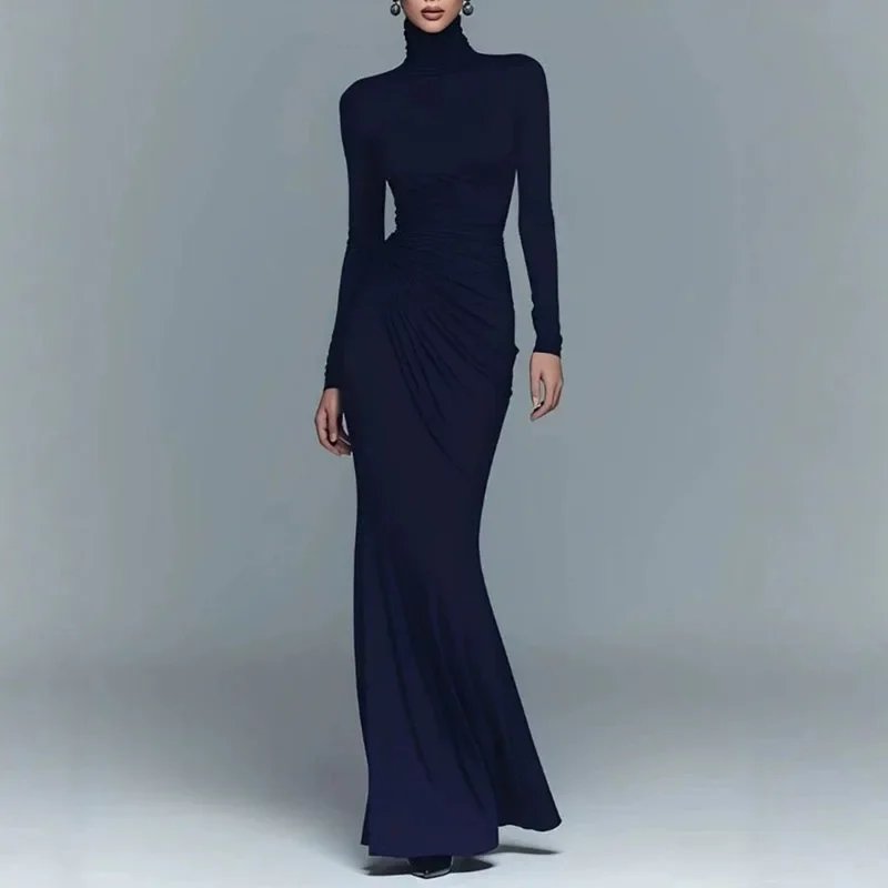Victoria's Vogue Turtleneck Solid Bodycon Maxi Dress Women Long Sleeve Pleated Fit Floor Length Gown Autumn Elegant Wedding Evening Party Dresses