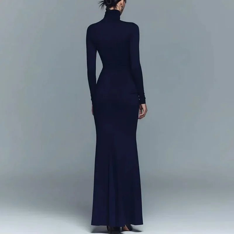 Victoria's Vogue Turtleneck Solid Bodycon Maxi Dress Women Long Sleeve Pleated Fit Floor Length Gown Autumn Elegant Wedding Evening Party Dresses
