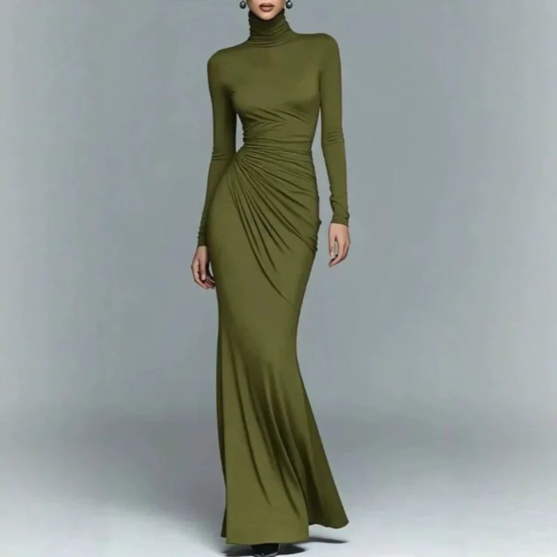 Victoria's Vogue Turtleneck Solid Bodycon Maxi Dress Women Long Sleeve Pleated Fit Floor Length Gown Autumn Elegant Wedding Evening Party Dresses