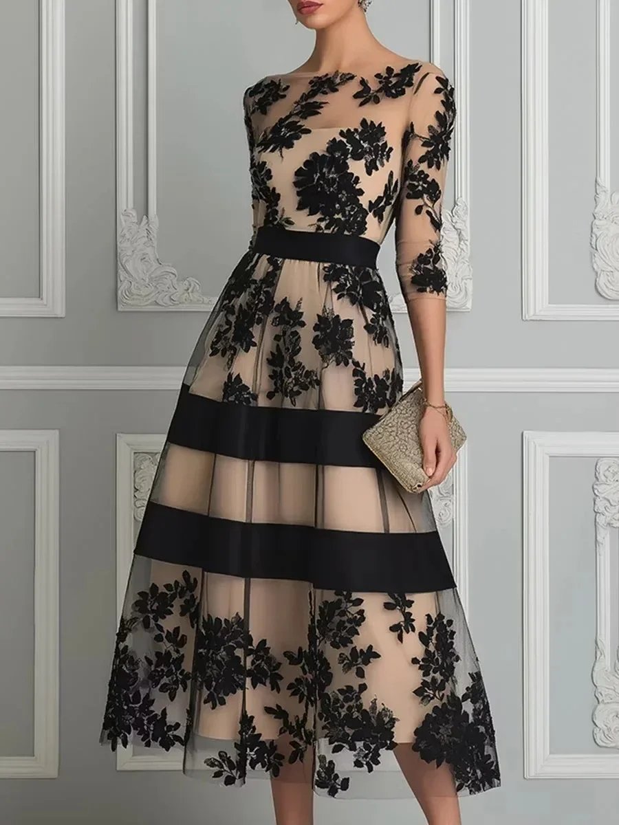 Victoria's Vogue Elegant Floral Midi Dress for Women O-Neck 3/4 Sleeve Sheer Tulle Mesh A-Line Dress Formal Evening Wedding Guest Cocktail Dress Victoria's Vogue Elegant Floral Midi Dress for Women O-Neck 3/4 Sleeve Sheer Tulle Mesh A-Line Dress Formal Evening Wedding Guest Cocktail Dress