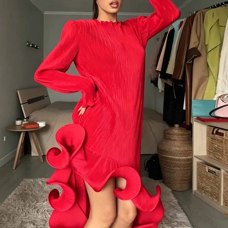 Victoria's Vogue Autumn Fashion O-neck Pleated Banquet Dress Elegant Ruffled Hem Irregular Solid Long Dress Casual Long Sleeve Waist Party Dress