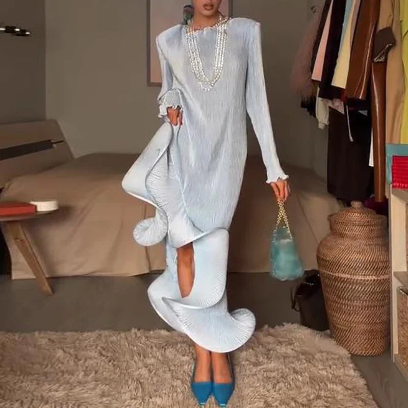 Victoria's Vogue Autumn Fashion O-neck Pleated Banquet Dress Elegant Ruffled Hem Irregular Solid Long Dress Casual Long Sleeve Waist Party Dress