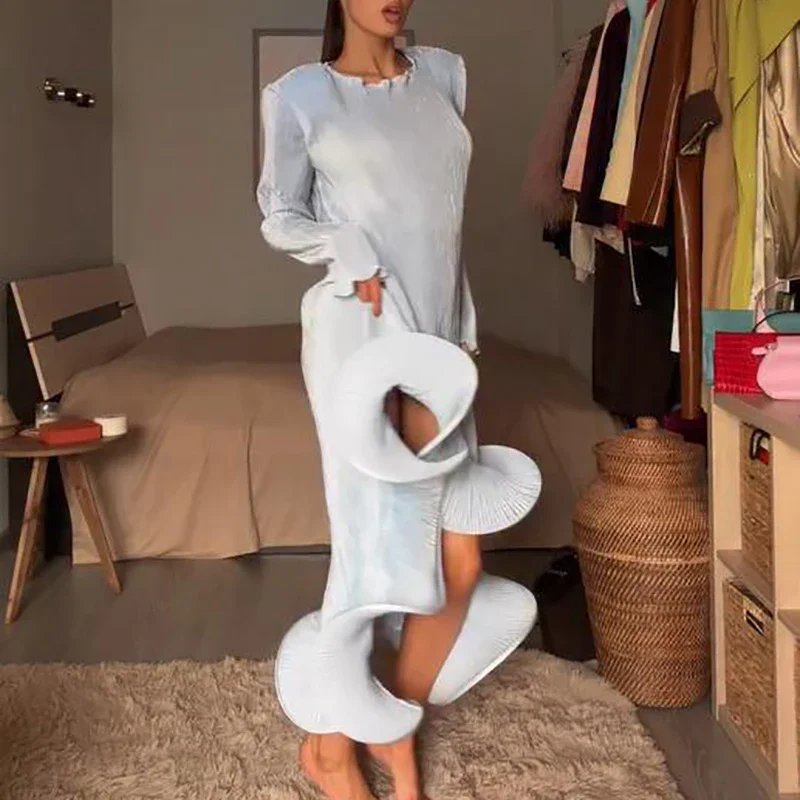 Victoria's Vogue Autumn Fashion O-neck Pleated Banquet Dress Elegant Ruffled Hem Irregular Solid Long Dress Casual Long Sleeve Waist Party Dress