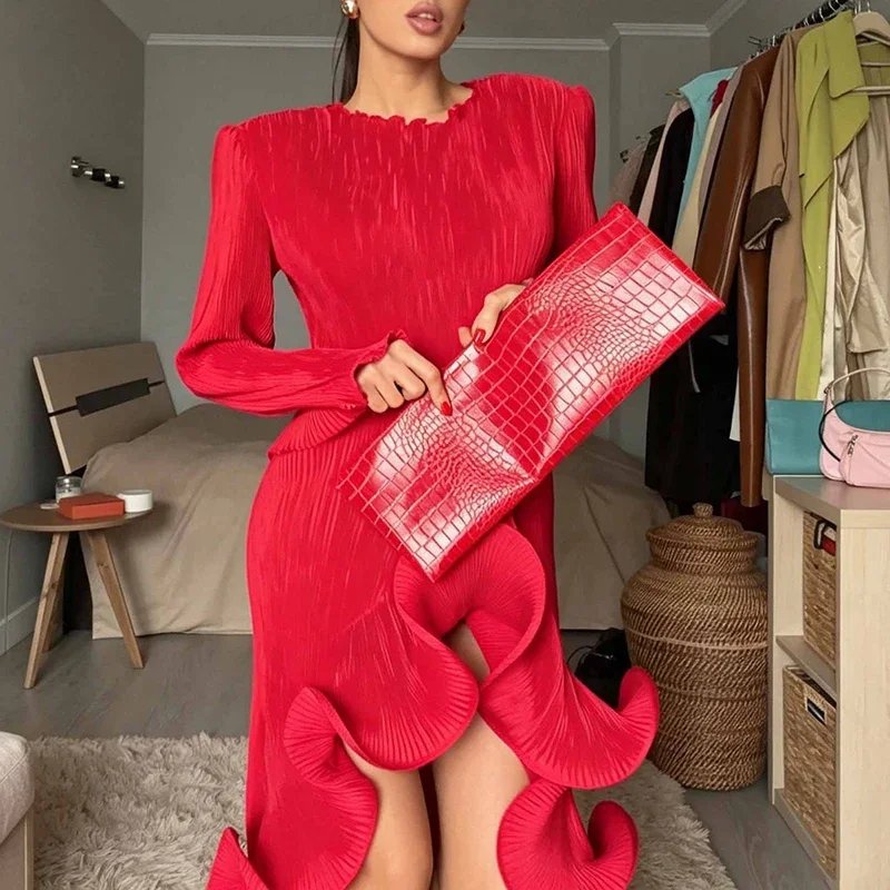 Victoria's Vogue Autumn Fashion O-neck Pleated Banquet Dress Elegant Ruffled Hem Irregular Solid Long Dress Casual Long Sleeve Waist Party Dress