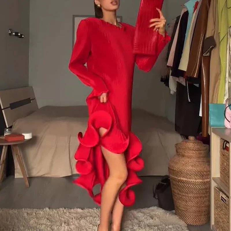 Victoria's Vogue Autumn Fashion O-neck Pleated Banquet Dress Elegant Ruffled Hem Irregular Solid Long Dress Casual Long Sleeve Waist Party Dress