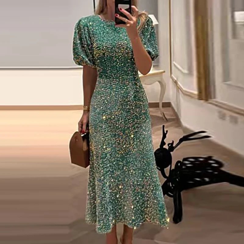 Victoria's Vogue Women's Fashion Sparkling Sequin Lantern Sleeves Party Dress Elegant Ladies Sexy Green High Waist Evening Dresses For Women's