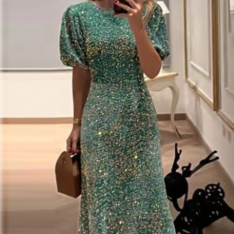 Victoria's Vogue Women's Fashion Sparkling Sequin Lantern Sleeves Party Dress Elegant Ladies Sexy Green High Waist Evening Dresses For Women's