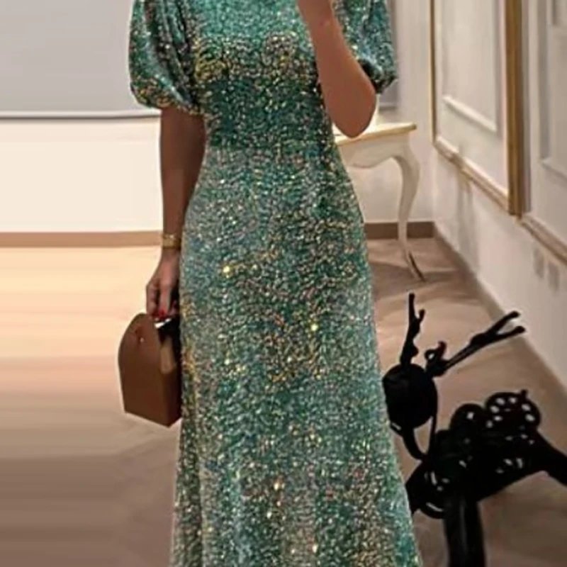 Victoria's Vogue Women's Fashion Sparkling Sequin Lantern Sleeves Party Dress Elegant Ladies Sexy Green High Waist Evening Dresses For Women's