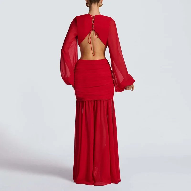 Victoria's Vogue Sexy Deep V Neck Hollow Backless Womans Dress Elegant Pleated Solid Lace Up Party Dress Autumn Leopard Print Long Sleeve Dresses