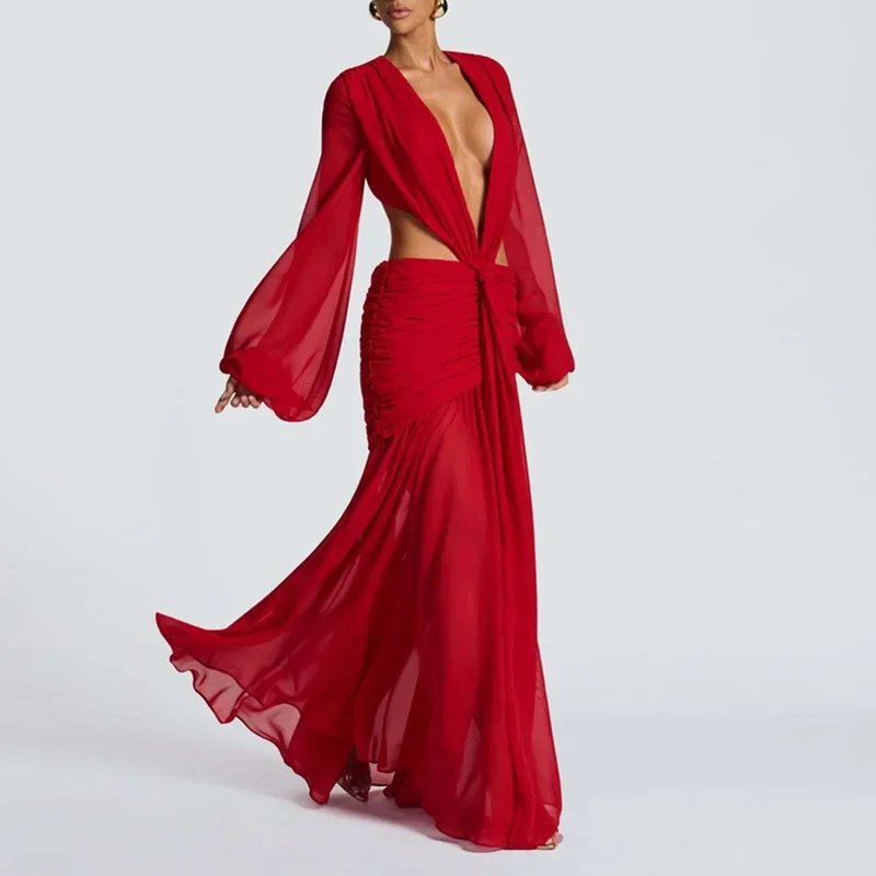 Victoria's Vogue Sexy Deep V Neck Hollow Backless Womans Dress Elegant Pleated Solid Lace Up Party Dress Autumn Leopard Print Long Sleeve Dresses