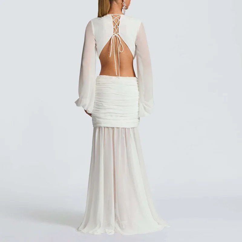 Victoria's Vogue Sexy Deep V Neck Hollow Backless Womans Dress Elegant Pleated Solid Lace Up Party Dress Autumn Leopard Print Long Sleeve Dresses