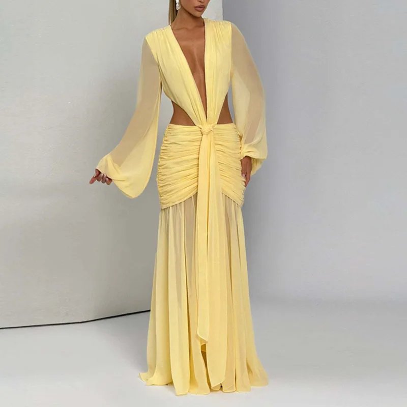 Victoria's Vogue Sexy Deep V Neck Hollow Backless Womans Dress Elegant Pleated Solid Lace Up Party Dress Autumn Leopard Print Long Sleeve Dresses