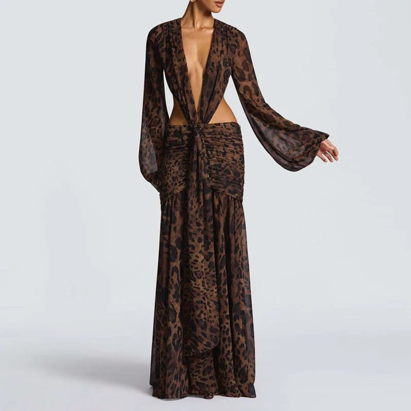 Victoria's Vogue Sexy Deep V Neck Hollow Backless Womans Dress Elegant Pleated Solid Lace Up Party Dress Autumn Leopard Print Long Sleeve Dresses