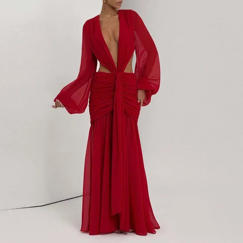 Victoria's Vogue Sexy Deep V Neck Hollow Backless Womans Dress Elegant Pleated Solid Lace Up Party Dress Autumn Leopard Print Long Sleeve Dresses