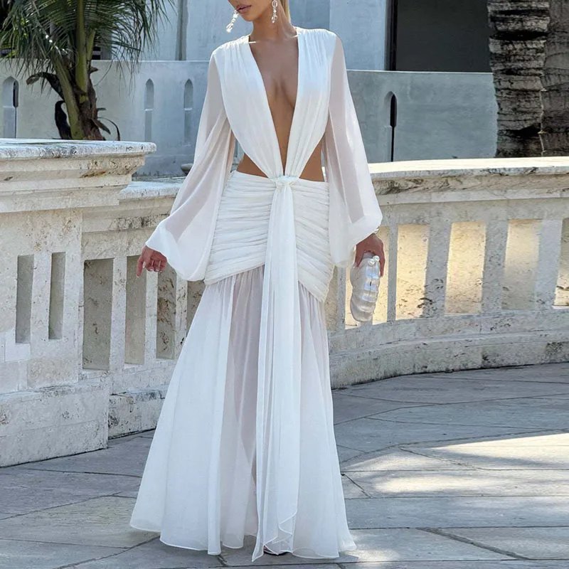 Victoria's Vogue Sexy Deep V Neck Hollow Backless Womans Dress Elegant Pleated Solid Lace Up Party Dress Autumn Leopard Print Long Sleeve Dresses