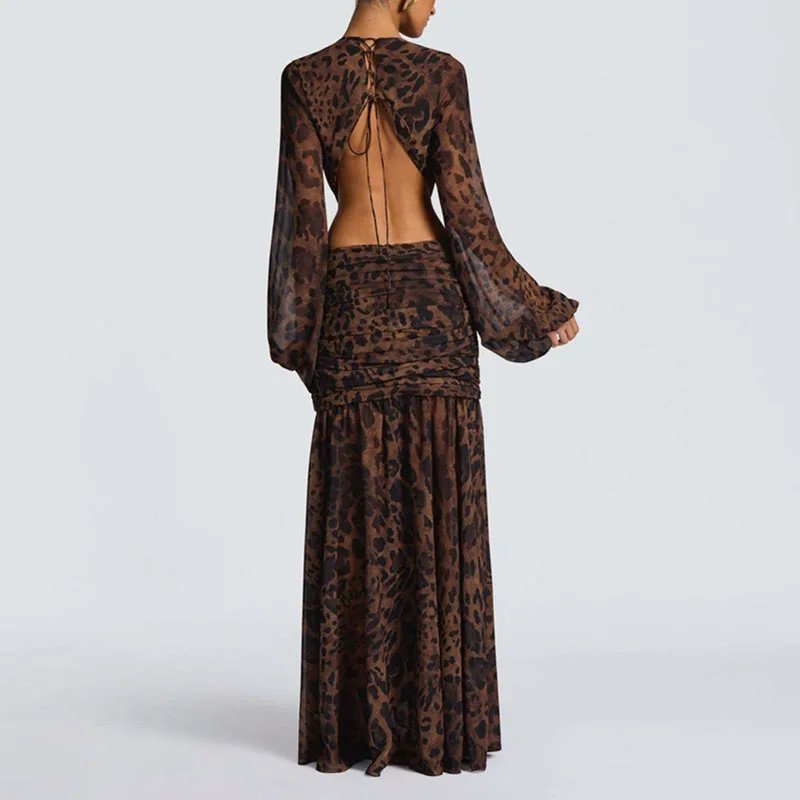 Victoria's Vogue Sexy Deep V Neck Hollow Backless Womans Dress Elegant Pleated Solid Lace Up Party Dress Autumn Leopard Print Long Sleeve Dresses