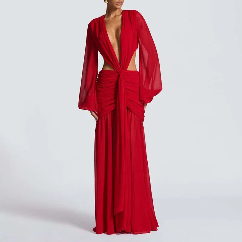 Victoria's Vogue Sexy Deep V Neck Hollow Backless Womans Dress Elegant Pleated Solid Lace Up Party Dress Autumn Leopard Print Long Sleeve Dresses