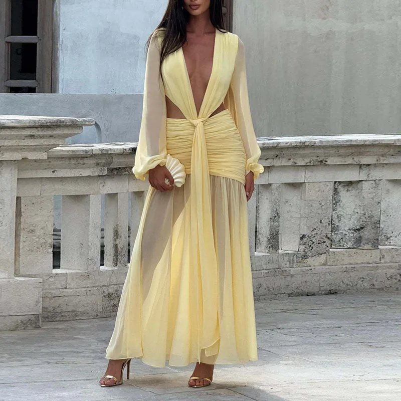 Victoria's Vogue Sexy Deep V Neck Hollow Backless Womans Dress Elegant Pleated Solid Lace Up Party Dress Autumn Leopard Print Long Sleeve Dresses