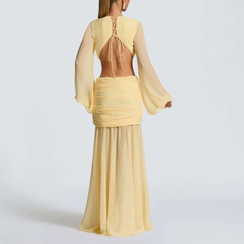 Victoria's Vogue Sexy Deep V Neck Hollow Backless Womans Dress Elegant Pleated Solid Lace Up Party Dress Autumn Leopard Print Long Sleeve Dresses