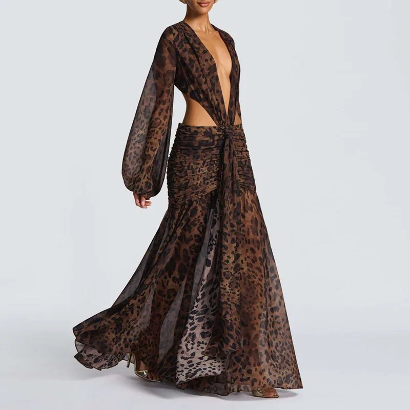 Victoria's Vogue Sexy Deep V Neck Hollow Backless Womans Dress Elegant Pleated Solid Lace Up Party Dress Autumn Leopard Print Long Sleeve Dresses