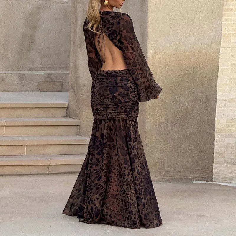 Victoria's Vogue Sexy Deep V Neck Hollow Backless Womans Dress Elegant Pleated Solid Lace Up Party Dress Autumn Leopard Print Long Sleeve Dresses