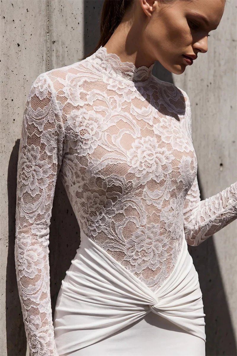 Victoria's Vogue  Long Sleeve Lace Mermaid Sexy Maxi Dress Women Elegant High Neck Ruched Waist Bodycon Evening Club Party Long Dress