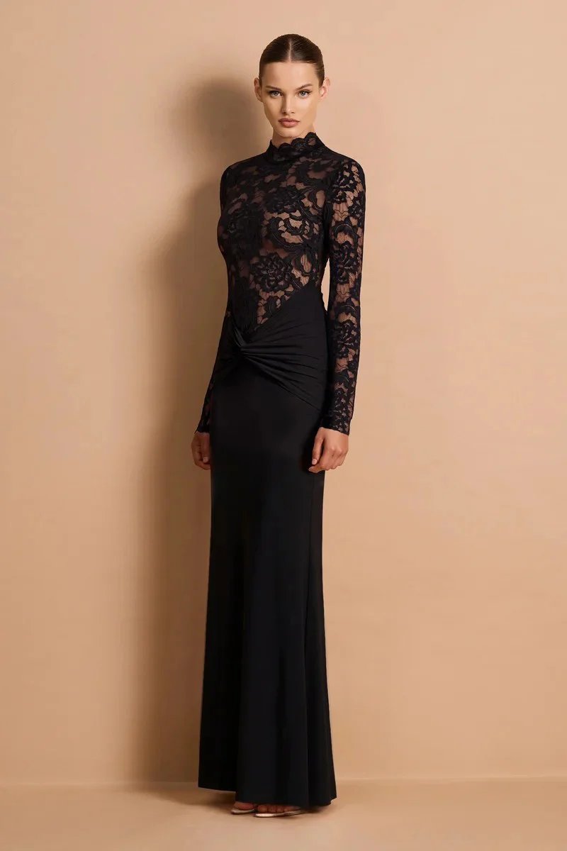 Victoria's Vogue  Long Sleeve Lace Mermaid Sexy Maxi Dress Women Elegant High Neck Ruched Waist Bodycon Evening Club Party Long Dress
