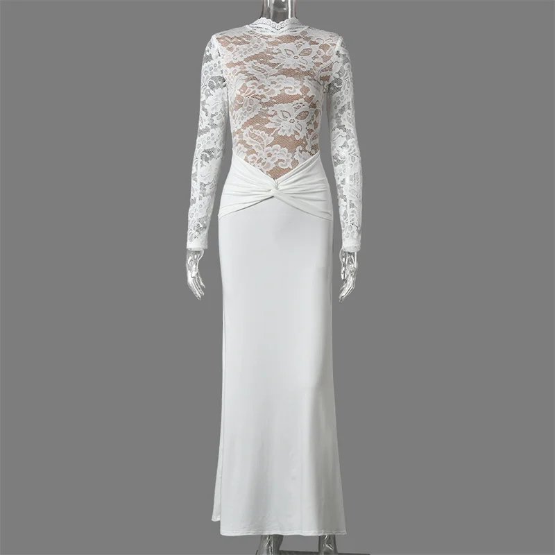 Victoria's Vogue  Long Sleeve Lace Mermaid Sexy Maxi Dress Women Elegant High Neck Ruched Waist Bodycon Evening Club Party Long Dress