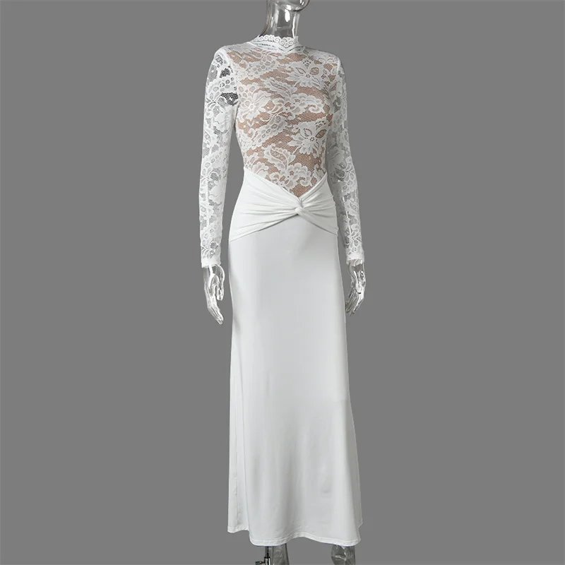 Victoria's Vogue  Long Sleeve Lace Mermaid Sexy Maxi Dress Women Elegant High Neck Ruched Waist Bodycon Evening Club Party Long Dress