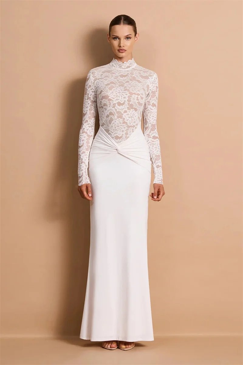 Victoria's Vogue  Long Sleeve Lace Mermaid Sexy Maxi Dress Women Elegant High Neck Ruched Waist Bodycon Evening Club Party Long Dress