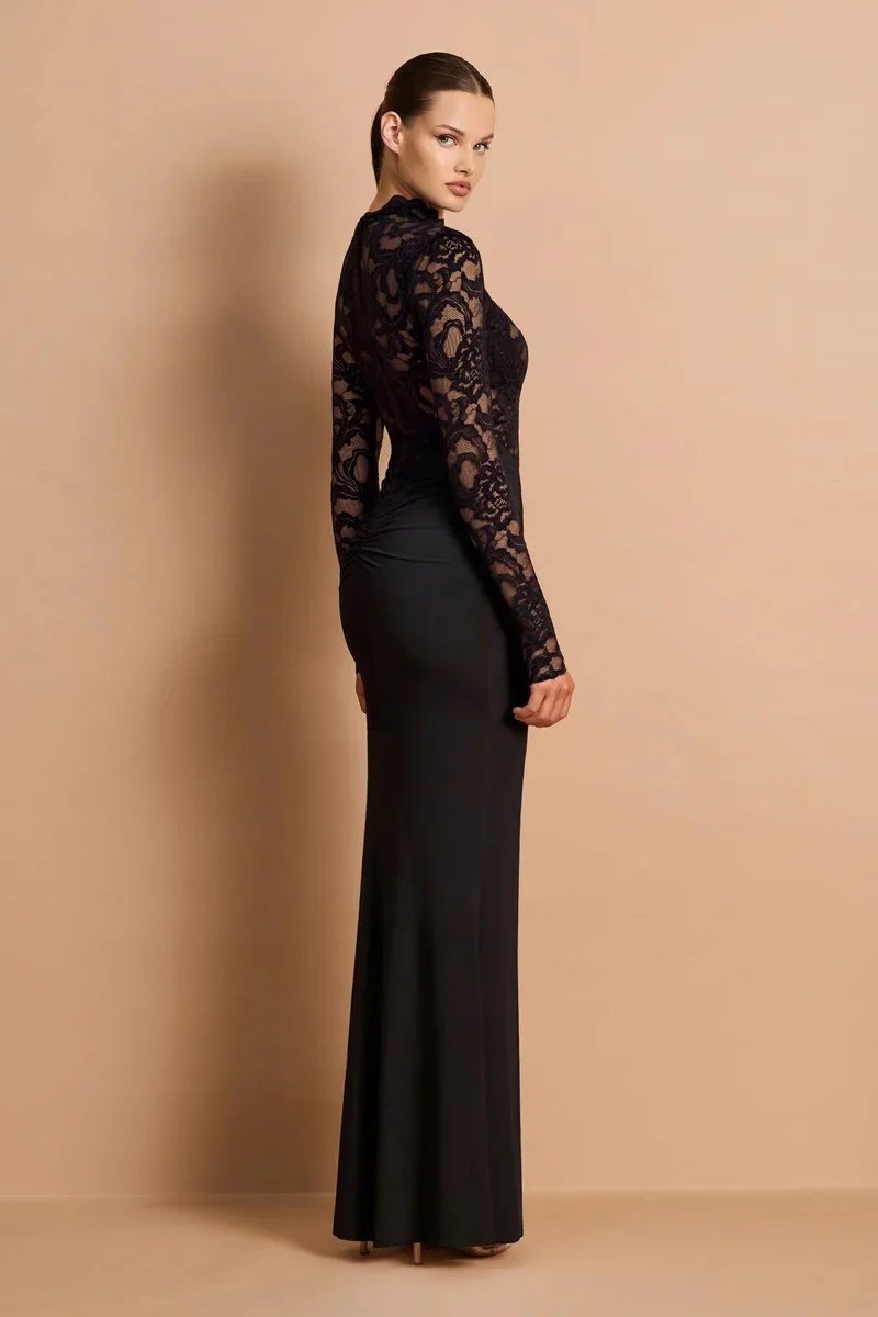 Victoria's Vogue  Long Sleeve Lace Mermaid Sexy Maxi Dress Women Elegant High Neck Ruched Waist Bodycon Evening Club Party Long Dress