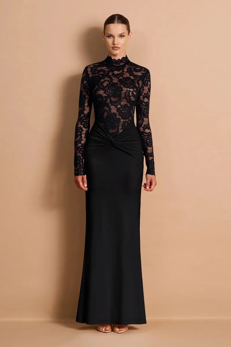 Victoria's Vogue  Long Sleeve Lace Mermaid Sexy Maxi Dress Women Elegant High Neck Ruched Waist Bodycon Evening Club Party Long Dress