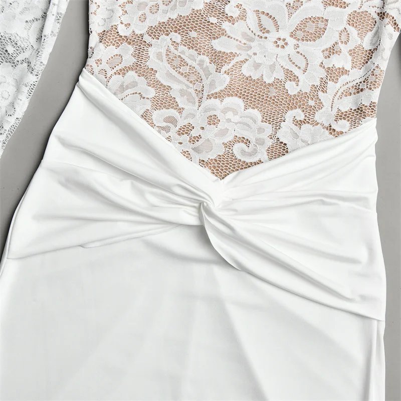 Victoria's Vogue  Long Sleeve Lace Mermaid Sexy Maxi Dress Women Elegant High Neck Ruched Waist Bodycon Evening Club Party Long Dress