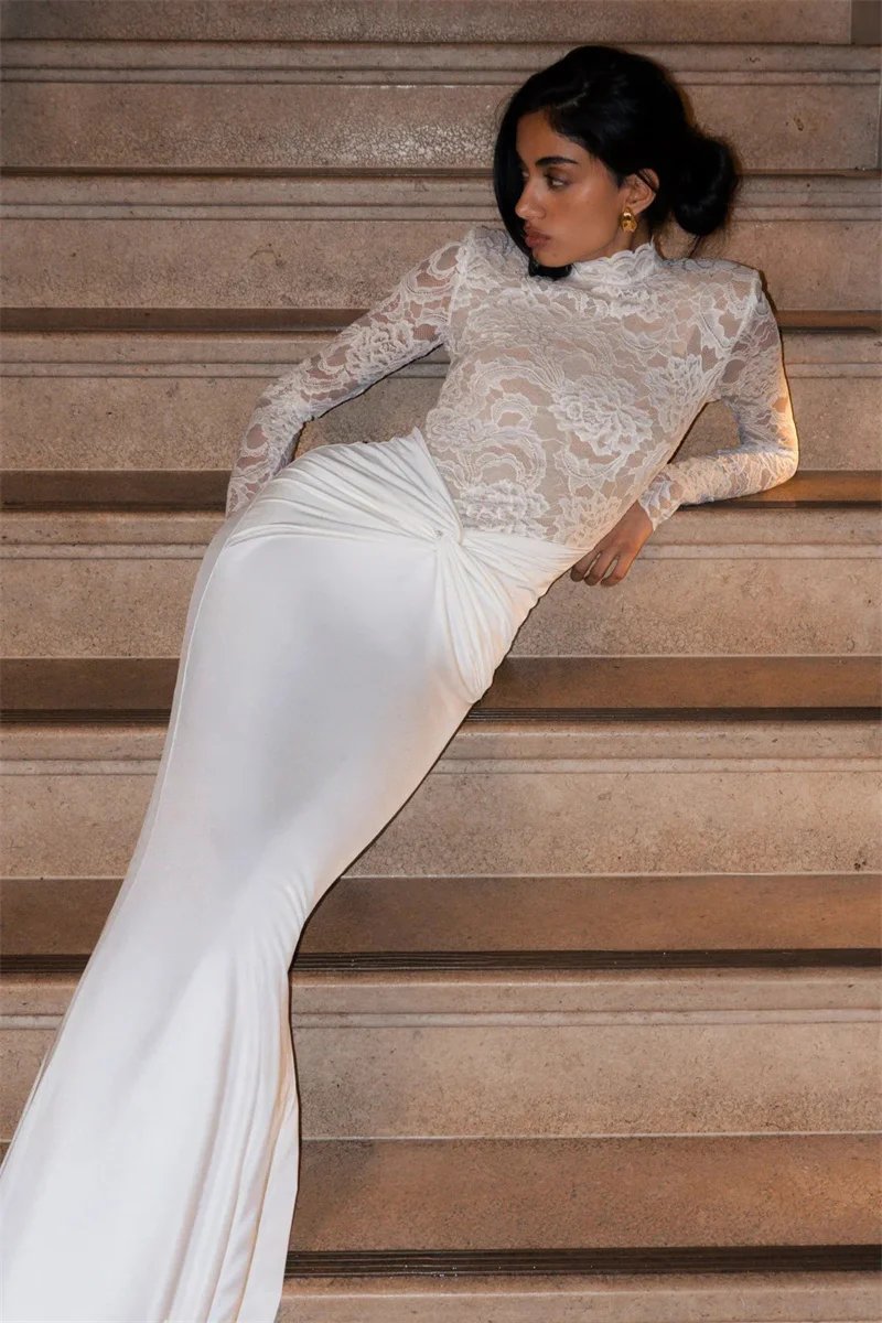 Victoria's Vogue  Long Sleeve Lace Mermaid Sexy Maxi Dress Women Elegant High Neck Ruched Waist Bodycon Evening Club Party Long Dress