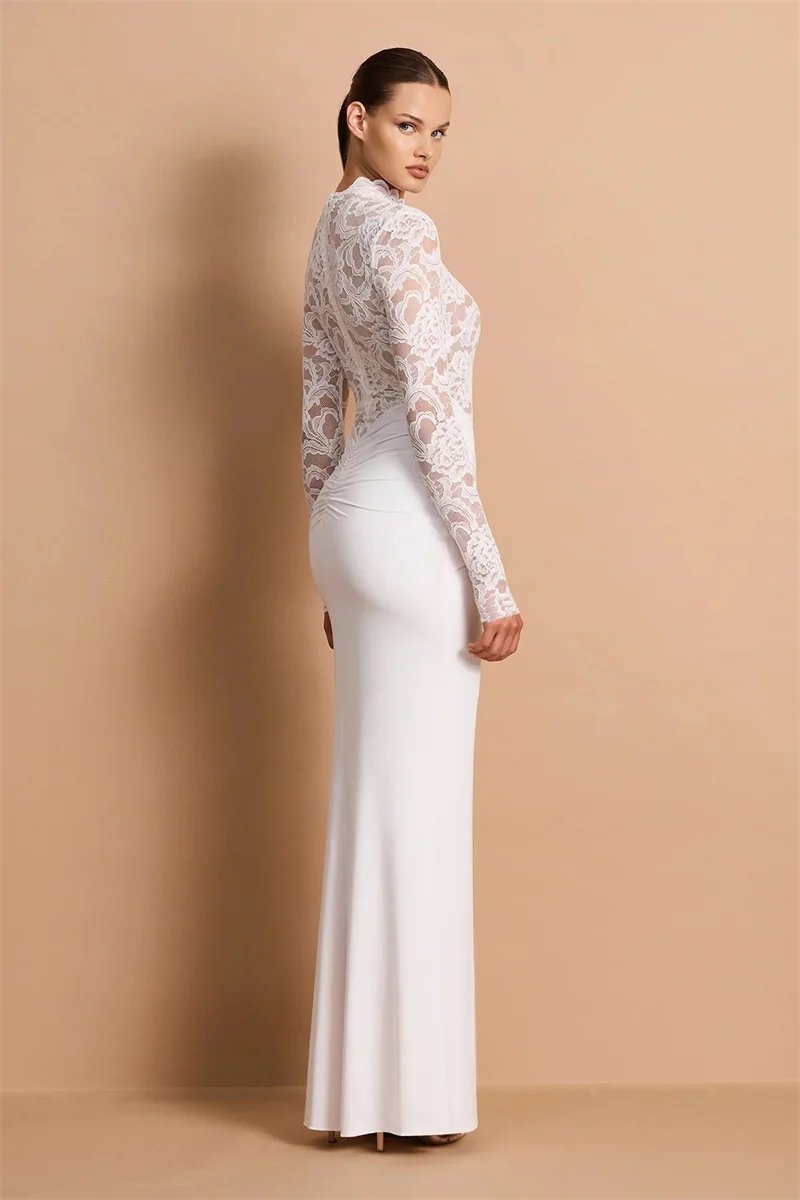 Victoria's Vogue  Long Sleeve Lace Mermaid Sexy Maxi Dress Women Elegant High Neck Ruched Waist Bodycon Evening Club Party Long Dress