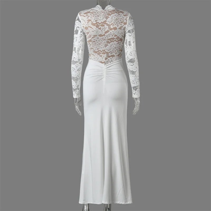 Victoria's Vogue  Long Sleeve Lace Mermaid Sexy Maxi Dress Women Elegant High Neck Ruched Waist Bodycon Evening Club Party Long Dress