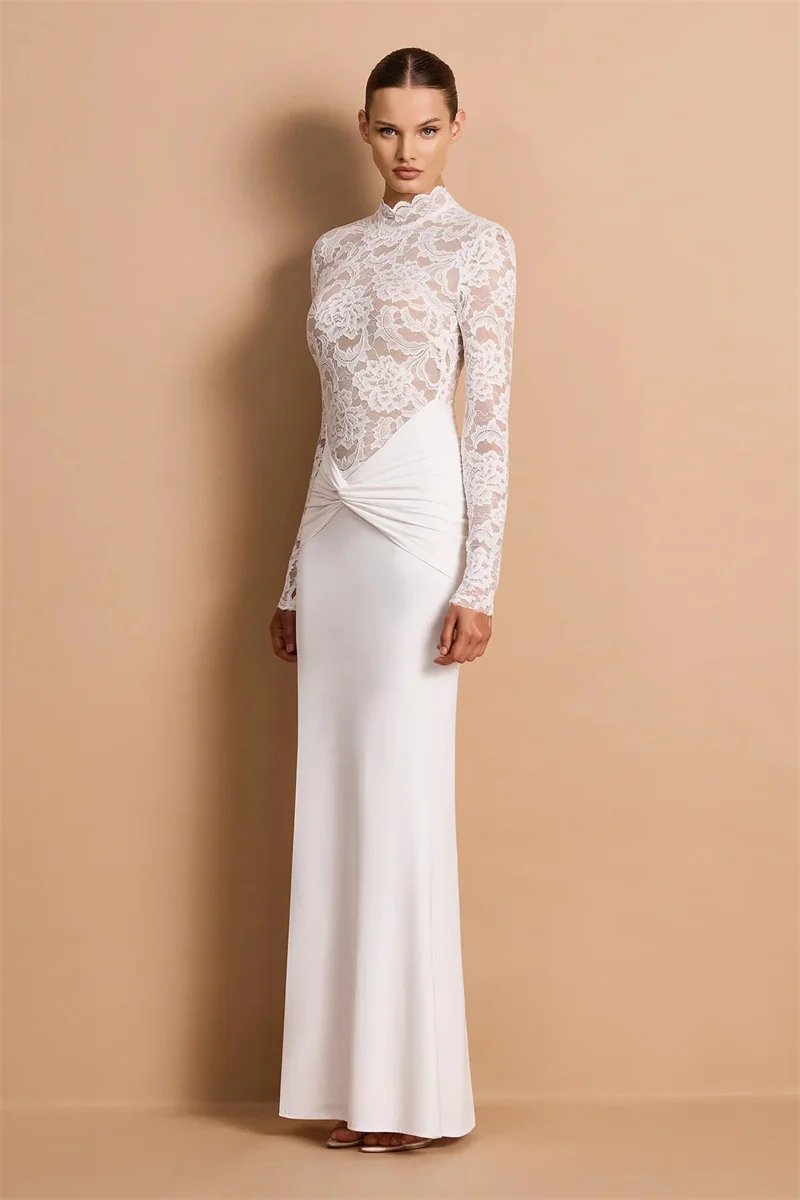 Victoria's Vogue  Long Sleeve Lace Mermaid Sexy Maxi Dress Women Elegant High Neck Ruched Waist Bodycon Evening Club Party Long Dress