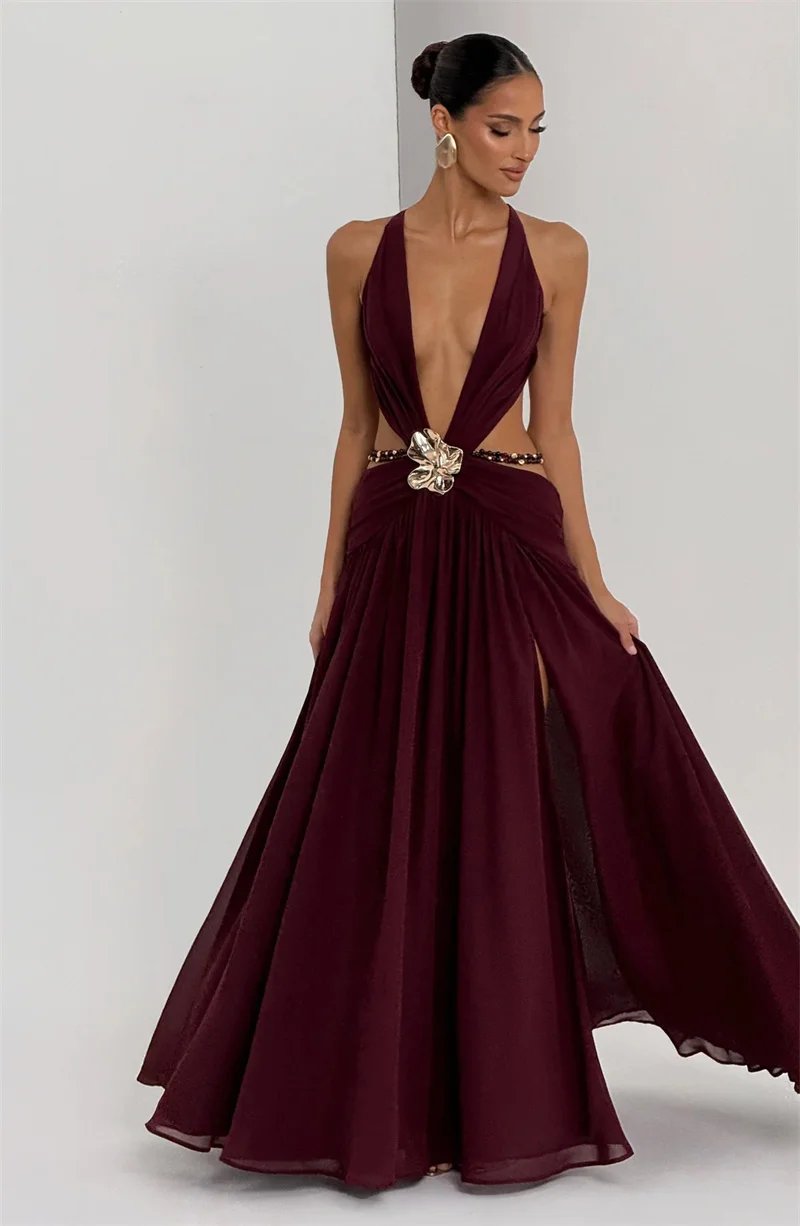 Victoria's Vogue Hollow Out Deep V Neck Sexy Maxi Dress Women Gown Metal Buckle Sleeveless Backless Thigh High Split Club Party Dresses Victoria's Vogue Hollow Out Deep V Neck Sexy Maxi Dress Women Gown Metal Buckle Sleeveless Backless Thigh High Split Club Party Dresses