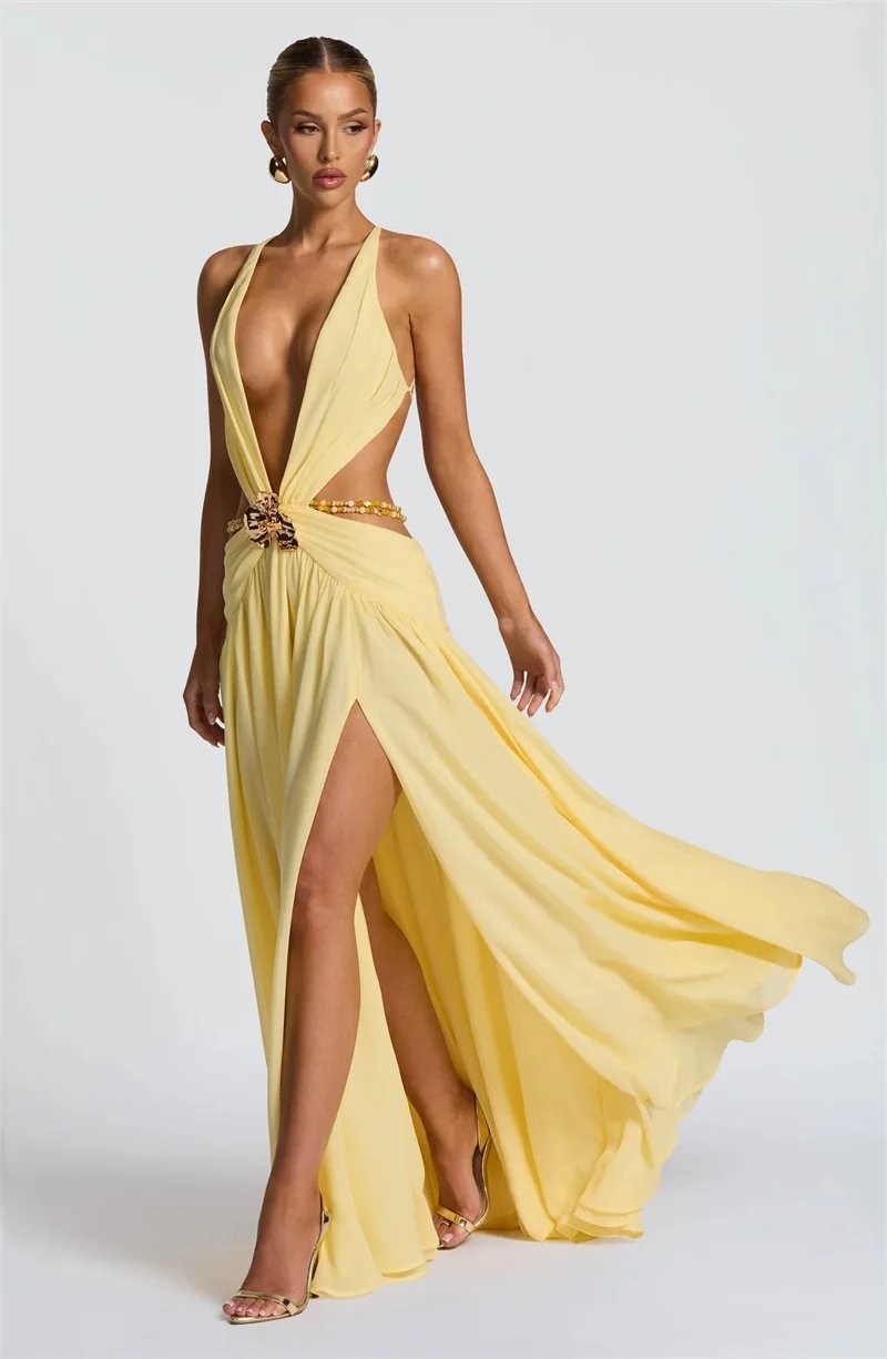 Victoria's Vogue Hollow Out Deep V Neck Sexy Maxi Dress Women Gown Metal Buckle Sleeveless Backless Thigh High Split Club Party Dresses Victoria's Vogue Hollow Out Deep V Neck Sexy Maxi Dress Women Gown Metal Buckle Sleeveless Backless Thigh High Split Club Party Dresses