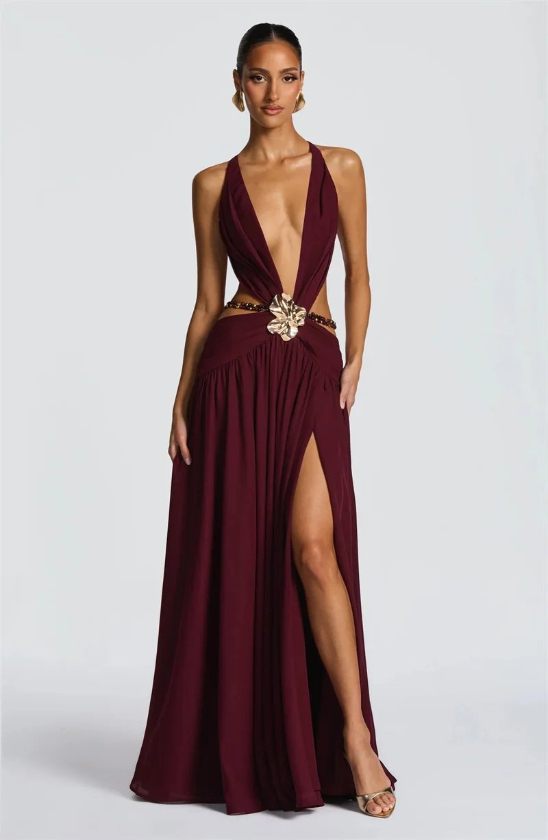 Victoria's Vogue Hollow Out Deep V Neck Sexy Maxi Dress Women Gown Metal Buckle Sleeveless Backless Thigh High Split Club Party Dresses Victoria's Vogue Hollow Out Deep V Neck Sexy Maxi Dress Women Gown Metal Buckle Sleeveless Backless Thigh High Split Club Party Dresses