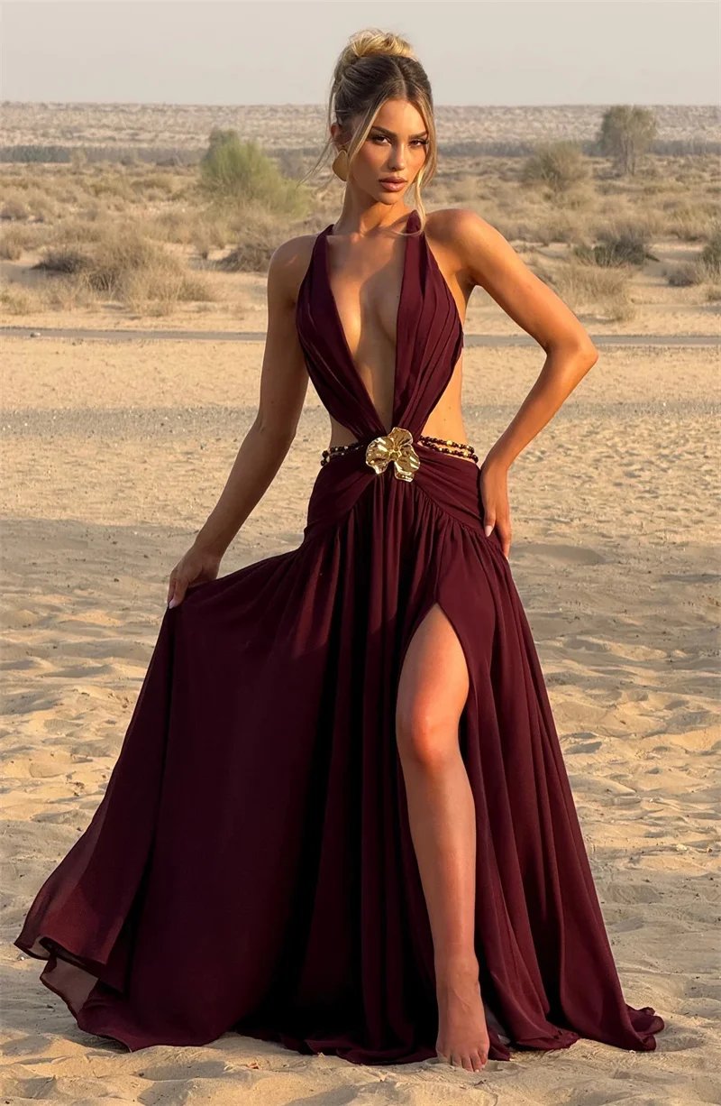 Victoria's Vogue Hollow Out Deep V Neck Sexy Maxi Dress Women Gown Metal Buckle Sleeveless Backless Thigh High Split Club Party Dresses Victoria's Vogue Hollow Out Deep V Neck Sexy Maxi Dress Women Gown Metal Buckle Sleeveless Backless Thigh High Split Club Party Dresses